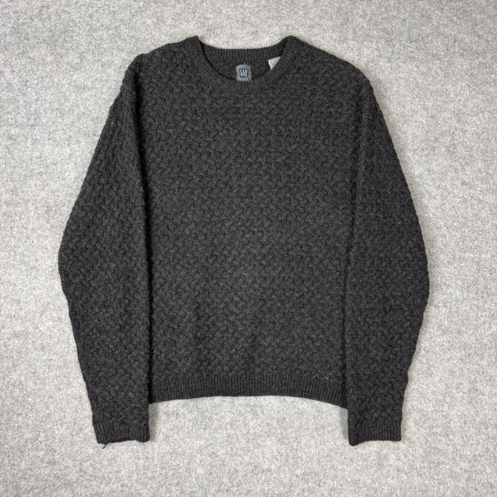 Y2k Vintage GAP Mens Large Lambswool Blend Basketweave Knit Sweater Charcoal